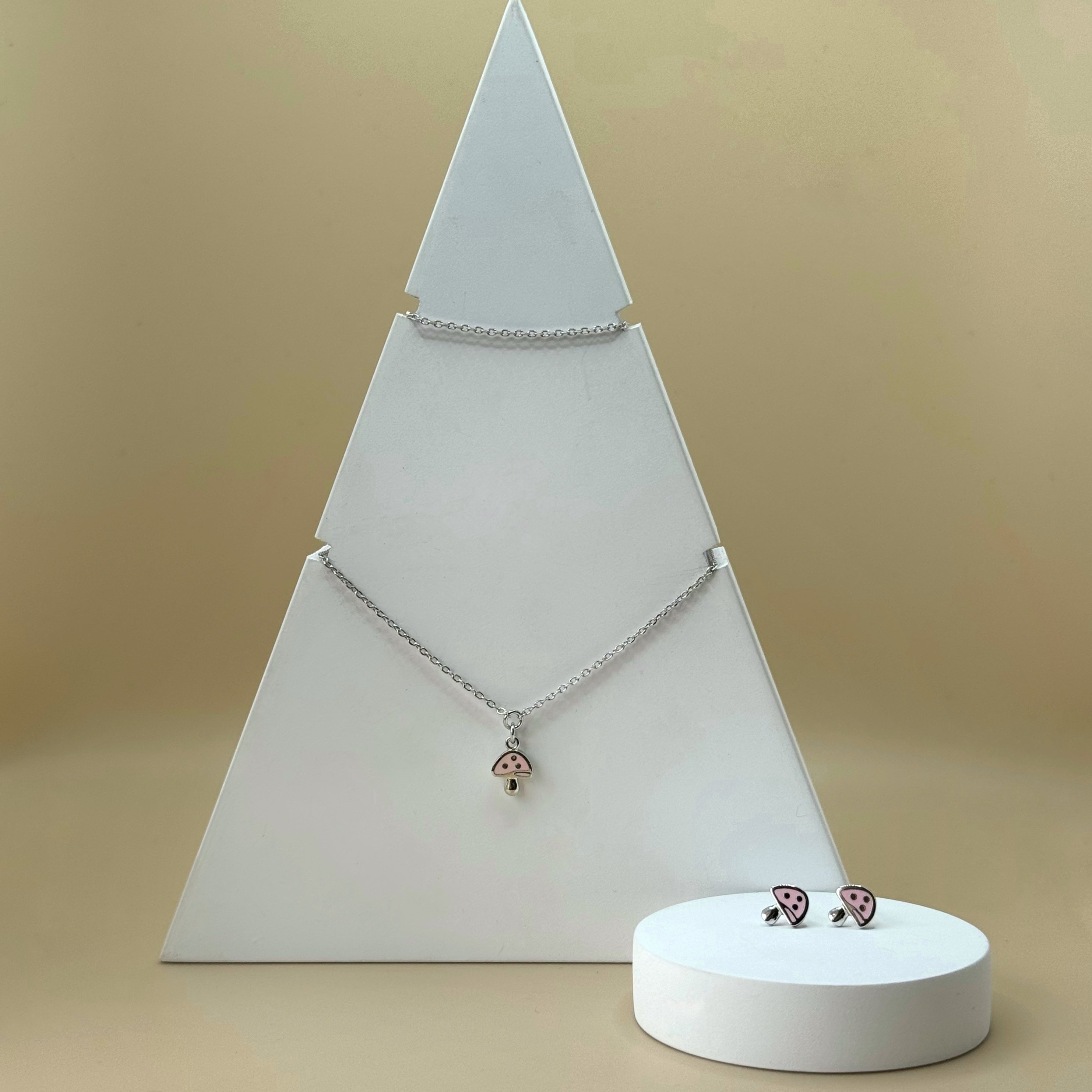 I Shroom You Set - White Rhodium & Pink Mushroom